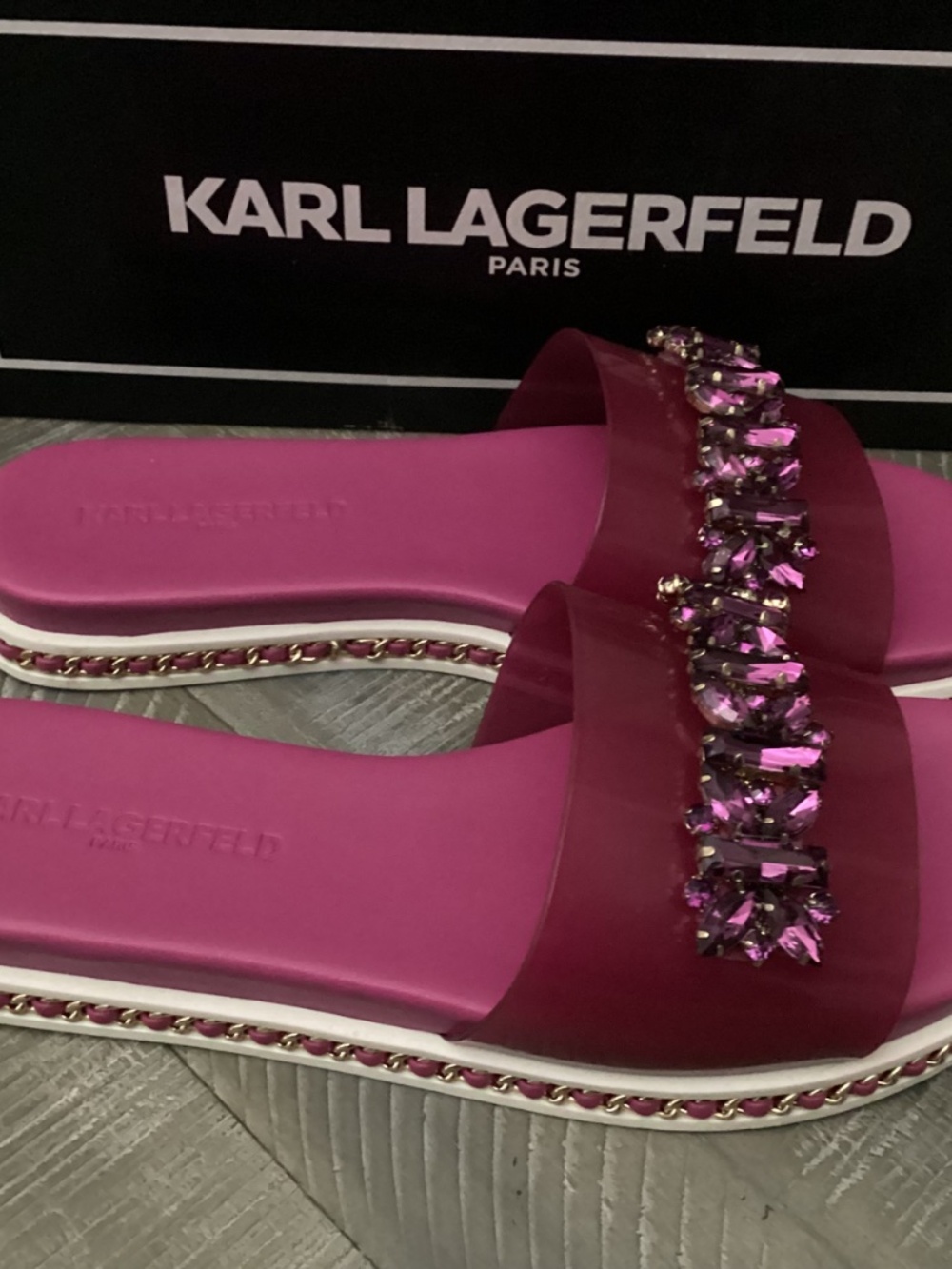 KARL LAGERFELD PARIS Women's Bijou Embellished Slide Sandals - Picture 3 of 16